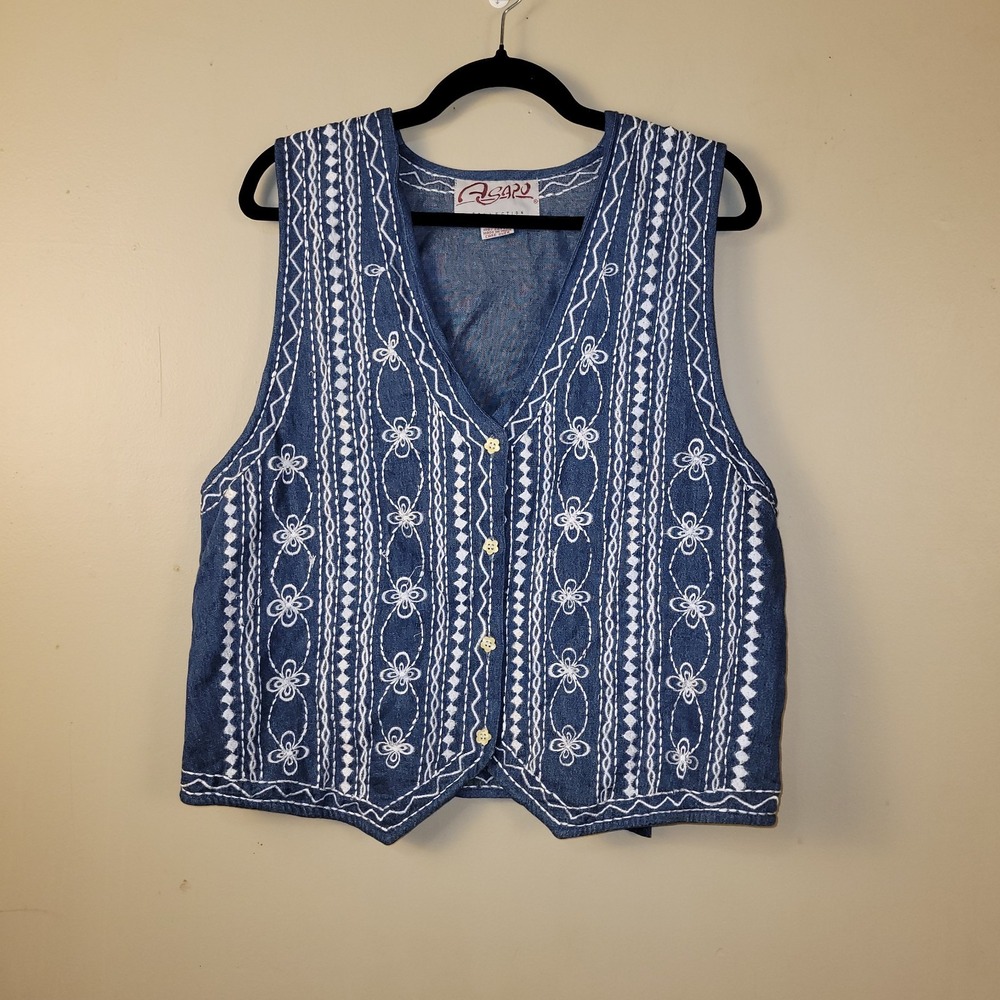ASAPO Vest‎ Size Large Embroidered Southwest Aztec Floral Western Denim